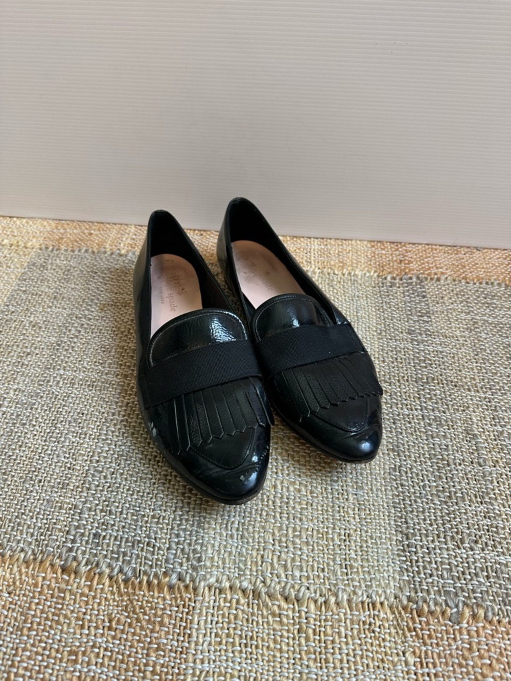 kate spade Black Patent Leather Fringe Loafers